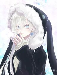  anastasia_(fate) anastasia_(under_the_same_sky)_(fate) asa_(1asa-0-asa1) bad_id bad_pixiv_id black_jacket blue_eyes blush breasts earrings fate/grand_order fate_(series) female hair_over_one_eye highres hood hood_up jacket jewelry large_breasts long_hair long_sleeves looking_at_viewer snowflakes solo very_long_hair white_hair 