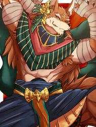  3:4 abs anthro armpit_hair biceps black_nose body_hair canid canine canis clothed clothing digital_media_(artwork) egyptian_mythology fur hi_res jackal kadzu male mammal middle_eastern_mythology muscular muscular_anthro muscular_male mythology pecs puzzle_and_dragons set_(puzzle_and_dragons) set_(species) smile solo teeth 