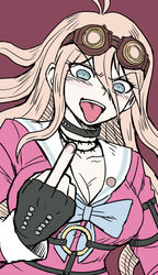  :d barbed_wire black_gloves blue_eyes blush breasts choker cleavage collarbone commentary_request danganronpa_(series) danganronpa_v3:_killing_harmony female fingerless_gloves gloves goggles goggles_on_head iruma_miu large_breasts long_hair looking_at_viewer middle_finger namu_(nurui_cha) o-ring open_mouth pink_background pink_shirt red_background shirt simple_background smile solo teeth tongue tongue_out upper_body upper_teeth_only 