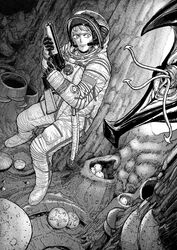  alien astronaut closed_mouth commentary english_commentary female finger_on_trigger greyscale gun highres holding holding_gun holding_weapon making-of_available monochrome monster original sawed-off_shotgun shotgun space_helmet standing tp-82 weapon wide-eyed y_naf 