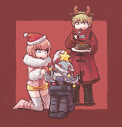  1boy 2girls ando_ruruka antlers black_footwear black_jacket black_legwear blonde_hair cake christmas coat commentary_request danganronpa_(series) danganronpa_3_(anime) eating food food_on_face fork fur-trimmed_jacket fur_collar fur_trim hat horns izayoi_sounosuke jacket kimura_seiko kneeling knees_up mask mouth_mask multiple_girls namu_(nurui_cha) pink_hair pink_jacket red_background red_coat red_headwear santa_costume santa_hat short_hair short_shorts shorts sitting star_(symbol) thighhighs two-tone_background 