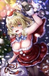  alternate_costume black_gloves black_pantyhose blonde_hair blue_eyes braid breasts capelet colorado_(kancolle) dress female fur-trimmed_capelet fur-trimmed_dress fur-trimmed_gloves fur_trim gloves hat highres holding holding_sack kantai_collection large_breasts mini_hat mini_santa_hat pantyhose red_capelet red_dress red_hat sabakuomoto sack santa_costume santa_dress santa_hat short_dress short_hair side_braids solo strapless strapless_dress 