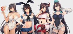  4girls :o absurdres anchor_ornament aqua_headwear ass_visible_through_thighs black_hair black_neckerchief black_one-piece_swimsuit black_panties blue_sailor_collar blue_skirt blush breasts brown_background brown_eyes casual_one-piece_swimsuit choker cleavage closed_mouth cloud cloudy_sky collarbone commentary_request competition_swimsuit compilation cosplay covered_navel cowboy_shot criss-cross_halter crop_top day double_bun earrings elbow_gloves flower food food-themed_earrings frilled_one-piece_swimsuit frills garrison_cap gloves grey_background hair_between_eyes hair_bun hair_flower hair_ornament hairband halterneck hat highleg highleg_panties highleg_swimsuit highres holding holding_food ice_cream ice_cream_bar jewelry kantai_collection kasumi_(skchkko) large_breasts lemon_earrings long_hair looking_at_viewer machinery microskirt multiple_girls nagato_(kancolle) navel neckerchief o-ring o-ring_swimsuit o-ring_top one-piece_swimsuit panties pleated_skirt popsicle red_eyes rigging sagiri_(kancolle) sagiri_(kancolle)_(cosplay) sagiri_kai_(swimsuit_mode)_(kancolle) sailor_collar sakura_ayane scamp_(kancolle) scamp_(kancolle)_(cosplay) school_uniform serafuku shimakaze_(kancolle) shimakaze_(kancolle)_(cosplay) shirt short_shorts shorts side-tie_swimsuit simple_background skirt sky sleeveless sleeveless_shirt smile standing star_(symbol) star_hair_ornament striped_clothes striped_thighhighs swimsuit tan_yang_(kancolle) tan_yang_(kancolle)_(cosplay) thigh_gap thighhighs turret underwear very_long_hair voice_actor_connection water white_choker white_gloves white_one-piece_swimsuit white_shirt white_shorts white_skirt yellow_nails yukikaze_(kancolle) 