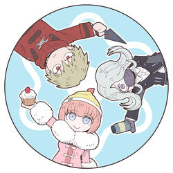  1boy 2girls ando_ruruka black_jacket blonde_hair blue_background bottle bow collared_shirt commentary_request cupcake danganronpa_(series) danganronpa_3_(anime) flipped_hair food fruit fur-trimmed_jacket fur_collar fur_trim gloves grey_background grey_hair hair_over_one_eye holding holding_bottle holding_weapon izayoi_sounosuke jacket kimura_seiko long_hair long_sleeves looking_at_viewer mask mouth_mask multiple_girls namu_(nurui_cha) outline outstretched_arm pill_bottle pink_jacket red_eyes red_jacket shirt short_hair smile strawberry weapon white_outline white_shirt 