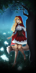  1:2 2022 anthro astreve barefoot blonde_hair blue_eyes breasts cape cheetah clothed clothing dress fairy_tales feet felid feline female forest fur glowing_flower grass hair hi_res hood lena_fluffy_(character) little_red_riding_hood little_red_riding_hood_(copyright) long_hair looking_at_viewer mammal markings medium_breasts night plant red_clothing red_dress solo spots spotted_body spotted_fur tree walking yellow_body yellow_fur 