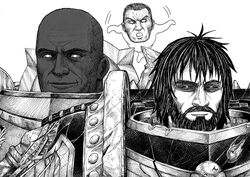  3boys armor beard black_sclera closed_mouth colored_sclera commentary corvus_corax_(warhammer) dark-skinned_male dark_skin english_commentary facial_hair ferrus_manus ghost greyscale highres if_the_emperor_had_a_text-to-speech_device iron_hands_(warhammer) male_focus monochrome multiple_boys primarch raven_guard salamanders_(warhammer) simple_background smile vulkan warhammer_40k white_background y_naf 