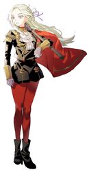  ankea_(a-ramo-do) ascot axe breasts cape closed_mouth edelgard_von_hresvelg female fire_emblem fire_emblem:_three_houses garreg_mach_monastery_uniform gloves hair_ornament hair_ribbon highres long_hair long_sleeves looking_at_viewer pantyhose purple_eyes red_cape ribbon simple_background smile solo uniform white_background white_hair 