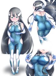  absurdres aqua_bow ass black_hair blue_bodysuit blue_eyes blush bodysuit bow breasts covered_navel female from_behind hair_ornament hairclip highres large_breasts long_hair looking_at_viewer looking_back magical_girl masabou multiple_views shiny_clothes shiny_skin simple_background skin_tight tougou_mimori white_background yuuki_yuuna_wa_yuusha_de_aru yuusha_de_aru 