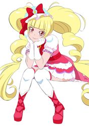  absurdly_long_hair aisaki_emiru blonde_hair blunt_bangs boots bow closed_mouth cure_macherie dress elbow_gloves elbows_on_knees eyelashes female frilled_thighhighs frills fuchi_(nightmare) full_body gloves hairbow head_rest highres hugtto!_precure invisible_chair layered_dress leaning_forward long_hair looking_at_viewer precure red_bow red_dress red_eyes red_footwear red_lips short_dress short_sleeves simple_background sitting smile solo thighhighs twintails very_long_hair white_background white_dress white_gloves white_sleeves white_thighhighs zettai_ryouiki 