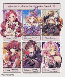  1boy 5girls akatsuki_no_yona arknights arrow_(projectile) bare_shoulders black_hair blonde_hair blue_eyes blush bow bow_(weapon) bowtie braid breasts brown_eyes brown_hair cape cleavage code_geass dark_magician_girl duel_monster earrings english_text flower geass gloves gradient_hair green_eyes green_hair hanasaki_tsubomi hat heart heartcatch_precure! helmet highres index_finger_raised jewelry kanroji_mitsuri kimetsu_no_yaiba layered_sleeves lelouch_vi_britannia long_hair long_sleeves looking_at_viewer medium_breasts mole mole_under_eye multicolored_hair multiple_drawing_challenge multiple_girls nachoz_(nachozart) one_eye_closed pink_hair precure purple_eyes red_bow red_bowtie red_eyes red_hair sailor_collar salute shaw_(arknights) shirt short_hair short_over_long_sleeves short_sleeves six_fanarts_challenge sleeveless staff twin_braids upper_body weapon white_sailor_collar white_shirt wisteria wizard_hat yona_(akatsuki_no_yona) yu-gi-oh! 