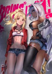  2girls ass bandeau belt bikini black_bikini blonde_hair blue_shorts body_markings braid breasts caenis_(fate) clarent_(fate) closed_mouth collarbone cutoffs dark-skinned_female dark_skin denim denim_shorts fate/grand_order fate_(series) french_braid green_eyes hair_intakes hair_ornament hair_scrunchie hairband highres jacket jewelry large_breasts long_hair looking_at_viewer micro_shorts mordred_(fate) mordred_(fate/apocrypha) mordred_(memories_at_trifas)_(fate) multiple_girls nakasaku-p navel necklace open_clothes open_jacket parted_lips polearm ponytail red_jacket red_scrunchie scrunchie short_shorts shorts sidelocks smile spear swimsuit sword tattoo thighs very_long_hair weapon white_hair white_jacket 