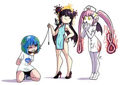  3girls afterimage bad_id bad_link bare_arms bare_legs bare_shoulders bat_wings belt_collar bike_shorts black_eyes black_hair blue_dress blue_footwear blue_hair bob_cut breasts brown_footwear chains china_dress chinese_clothes closed_mouth collar corona-chan coronavirus crown double_bun dress earth-chan ebola-chan flower green_hair hair_bun hair_flower hair_ornament hair_stick hand_on_own_hip hands_up hat high_heels highres kneeling leash long_hair multicolored_hair multiple_girls nasa_logo nurse nurse_cap one_eye_closed original pale_skin pantyhose pelvic_curtain pink_hair purple_legwear shirt shoes short_dress short_hair short_sleeves signature simple_background small_breasts smile smug sneakers soundog-2031 tiptoes twintails two-tone_hair white_background white_dress white_flower white_footwear white_headwear white_shirt wings yellow_eyes 