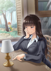  2girls black_hair blunt_bangs blunt_ends blush breasts brown_eyes brown_hair closed_mouth commentary_request girls_und_panzer highres indoors kiasa large_breasts long_hair looking_at_another mature_eyes mature_female mother_and_daughter multiple_girls nishizumi_miho nishizumi_shiho short_hair sitting smile sweatdrop table tree wavy_mouth window 