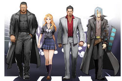  3boys arms_at_sides belt blonde_hair bow bowtie closed_mouth coat commentary_request commission crossover crosswalk duel_disk female full_body grey_hair hand_in_pocket highres idolmaster idolmaster_cinderella_girls idolmaster_cinderella_girls_starlight_stage kasei_yukimitsu kiryu_kazuma kiryu_kyosuke kiryu_tsukasa_(idolmaster) kiryuu_miyazawa kneehighs koukou_tekken-den_tough long_hair looking_at_viewer multiple_boys multiple_crossover name_connection plaid plaid_skirt red_shirt ryuu_ga_gotoku_(series) scar scar_on_face school_uniform shirt short_hair skeb_commission skin_tight skirt socks standing walking yu-gi-oh! yu-gi-oh!_5d&#039;s 