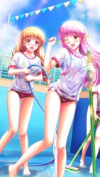  3girls bare_legs barefoot blonde_hair bra_visible_through_clothes brown_eyes buruma day doukyuusei doukyuusei_another_world empty_pool floating_hair game_cg gym_uniform holding holding_hose hose long_hair multiple_girls nishina_kurumi one_eye_closed open_mouth outdoors pink_hair pool red_buruma sakuragi_mai shirt short_sleeves very_long_hair wet wet_clothes wet_shirt white_shirt 