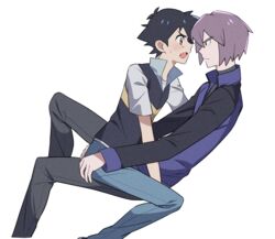  2boys black_hair blush brown_eyes closed_mouth commentary_request eye_contact from_side highres jacket long_sleeves looking_at_another male_focus multiple_boys open_mouth pants paul_(pokemon) pokemon pokemon_(anime) pokemon_dppt_(anime) popped_collar purple_hair satoshi_(pokemon) shirt short_hair short_sleeves simple_background sitting sweatdrop tuze111 white_background 