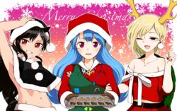  3girls absurdres animal_ears antlers apron armpits belt black_capelet black_hair black_headwear black_santa_costume black_tail black_wings blonde_hair blue_hair blush bow candy candy_cane capelet chisel christmas collarbone commentary cookie dragon_girl dragon_horns dragon_tail dress earrings english_text feathered_wings food green_apron hand_on_headwear haniwa_(statue) haniyasushin_keiki happy hat highres horns horse_ears horse_tail jewelry kaisenpurin kicchou_yachie kurokoma_saki long_hair magatama magatama_necklace merry_christmas midriff midriff_peek mittens multiple_girls navel necklace off-shoulder_shirt off_shoulder one_eye_closed open_mouth pegasus_wings purple_eyes red_dress red_eyes red_headwear red_shirt red_skirt santa_costume santa_hat shirt short_hair single_strap skirt tail touhou tray turtle_shell upper_body white_bow wings 