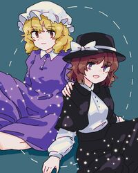  2girls black_capelet black_headwear black_skirt blonde_hair blue_background bow breasts brown_eyes brown_hair capelet commentary_request dress fedora hand_on_another&#039;s_shoulder hat hat_bow highres juliet_sleeves long_sleeves maribel_hearn mob_cap multiple_girls open_mouth puffy_sleeves purple_dress purple_eyes shirt short_hair simple_background sitting skirt small_breasts touhou usami_renko wasabisuke white_bow white_headwear white_shirt 