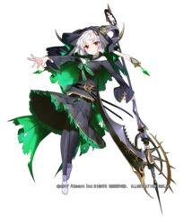  bad_id bad_pixiv_id black_skirt copyright_name female full_body holding holding_scythe holding_weapon long_sleeves looking_at_viewer official_art parted_bangs red_eyes saskia scythe skirt solo sukja valkyrie_connect weapon white_background white_footwear white_hair 