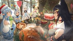  5girls absurdres amane_kanata amane_kanata_(1st_costume) animal_ears black_hair blonde_hair blue_hair bottle braid cake choker christmas christmas_tree commentary_request copyright_notice curled_horns daifuku_(yukihana_lamy) dated detached_sleeves drink elf food fox_ears fox_girl glass green_eyes grey_hair hair_ornament hat highres holding holding_bottle hololive horns indoors long_hair looking_at_another meat multicolored_hair multiple_girls navel ookami_mio ookami_mio_(1st_costume) pizza pointy_ears purple_eyes red_choker red_hair red_headwear santa_hat sheep_horns shirakami_fubuki short_hair single_braid smile snow streaked_hair table takubon tsunomaki_watame tsunomaki_watame_(1st_costume) virtual_youtuber white_hair wolf_ears wolf_girl yellow_eyes yukihana_lamy yukihana_lamy_(1st_costume) 