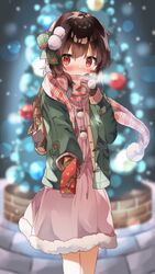  absurdres alternate_costume black_hair blush box casual commentary dress female gift gift_box gloves hair_between_eyes highres kono_subarashii_sekai_ni_shukufuku_wo! looking_at_viewer megumin outdoors plaid plaid_scarf red_eyes scarf short_hair_with_long_locks solo winter_clothes yuno_(suke_yuno) 