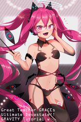  ahoge bespectacled bikini black_bikini black_collar black_thighhighs blush breasts collar evil_eye_(sound_voltex) fake_horns female glasses goma_(u_p) grace_(sound_voltex) hair_between_eyes halo hand_on_headphones headphones highres holding holding_wand horns long_hair looking_at_viewer midriff navel oerba_yun_fang open_mouth pink_eyes pink_hair revealing_clothes simple_background small_breasts smile solo sound_voltex stomach strapless strapless_bikini striped striped_background swimsuit thighhighs tongue twintails very_long_hair wand 