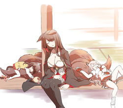  3girls akagi_(azur_lane) animal_ears azur_lane black_kimono black_legwear black_sailor_collar black_skirt blunt_bangs braid breasts brown_hair cat_ears crop_top fox_ears fox_girl fox_tail grey_hair hat highres japanese_clothes kimono kitsune kyuubi long_hair loose_socks miniskirt multiple_girls multiple_tails mutsuki_(azur_lane) mutsuki_(retrofit)_(azur_lane) oppai_loli pleated_skirt puffy_short_sleeves puffy_sleeves red_ribbon ribbon sailor_collar school_uniform serafuku short_sleeves side_ponytail skirt sleeping socks steed_(steed_enterprise) tail thick_eyebrows unworn_hat unworn_headwear white_socks wolf_ears wolf_tail yuudachi_(azur_lane) yuudachi_(retrofit)_(azur_lane) 