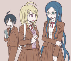  1boy 2girls ahoge akamatsu_kaede blonde_hair blue_eyes blue_hair book brown_jacket brown_skirt commentary_request danganronpa_(series) danganronpa_v3:_killing_harmony glasses grey_eyes hair_ornament hairclip holding holding_book hope&#039;s_peak_academy_school_uniform jacket long_hair multiple_girls musical_note musical_note_hair_ornament namu_(nurui_cha) neck_ribbon pink_sweater_vest purple_eyes red_ribbon ribbon saihara_shuichi school_uniform shirogane_tsumugi shirt short_hair simple_background skirt sweater_vest talking white_shirt 