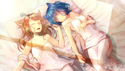  2girls animal_ears artist_name blue_hair breasts brown_hair cat_ears cleavage indoors lying multiple_girls napoli-tan_(deuil) on_back on_bed original pajamas pillow short_hair sleeping smile strap_slip sunlight 