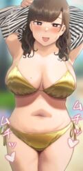  armpits arms_up beach belly bikini blunt_bangs blurry blurry_background blush breasts brown_eyes brown_hair commentary_request cowboy_shot female gold_bikini happy head_tilt heart highres large_breasts looking_at_viewer metallic_bikini mole mole_on_breast mole_on_thigh navel open_mouth original outdoors parted_bangs plump ryokucha_michi shiny_clothes shiny_swimsuit smile solo stomach string_bikini string_tie sweatdrop swimsuit thighs unworn_shirt wavy_hair wet 