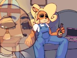  4:3 activision aliasing anthro bandicoot beverage black_nose blonde_hair bottle cel_shading clothed clothing coco_bandicoot computer container crash_(series) detailed_background digital_drawing_(artwork) digital_media_(artwork) electronics eyebrows female furniture green_eyes hair holding_bottle holding_container holding_object humanoid_hands inside lamp laptop mammal marsupial meme narrowed_eyes on_sofa orange_body overalls picture_frame redlettermedia shaded shirt sitting sitting_on_sofa sofa solo table topwear unknown_artist white_clothing white_shirt white_topwear window 