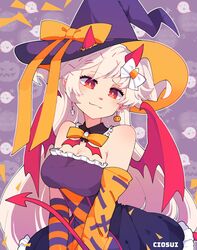  asymmetrical_gloves black_hat blonde_hair bow breasts bright_pupils ciosuii cleavage closed_mouth demon_girl demon_horns demon_tail diamond-shaped_pupils diamond_(shape) earrings elbow_gloves female gloves hat hat_bow highres horns jewelry large_breasts long_hair mismatched_gloves orange_bow original red_eyes smile solo symbol-shaped_pupils tail white_pupils witch_hat 