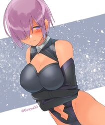  bare_shoulders blush breasts cleavage clothing_cutout commentary_request crossed_legs elbow_gloves fate/grand_order fate_(series) female gloves hair_over_one_eye highres large_breasts leotard light_purple_hair looking_to_the_side mash_kyrielight navel navel_cutout purple_eyes purple_hair short_hair solo yugami_gooshu 