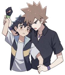  2boys arm_up black_gloves black_hair black_shirt brown_eyes brown_hair clenched_hand collared_shirt commentary_request fingerless_gloves gary_oak gloves green_eyes highres jacket jewelry male_focus multiple_boys necklace open_mouth parted_lips pokemon pokemon_(anime) pokemon_dppt_(anime) purple_wristband satoshi_(pokemon) shirt short_hair spiked_hair sweatdrop t-shirt tuze111 upper_body white_background 