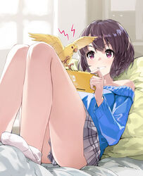  anger_vein ass bare_shoulders bird black_hair blue_sweater blush breasts clothes_between_thighs commentary_request female grey_skirt handheld_game_console holding holding_handheld_game_console long_sleeves lying medium_breasts nintendo_switch nintendo_switch_lite on_back original parakeet pillow purple_eyes short_hair skirt smile socks solo sweater teeth white_socks yahako 