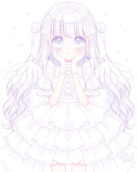  :o angel_wings blue_eyes blush commentary_request dress female hands_on_own_face hands_up highres himetsuki_luna layered_dress long_hair looking_at_viewer original parted_lips pleated_dress puffy_short_sleeves puffy_sleeves short_sleeves signature simple_background solo sparkle standing twitter_username two_side_up very_long_hair white_background white_dress white_hair white_wings wings 