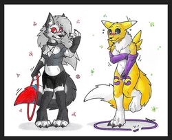  anthro bandai_namco black_border border breasts canid canid_demon canine canis danwolf15 danwolf_(character) demon digimon digimon_(species) duo female hellhound helluva_boss hi_res hoop_transformation loona_(helluva_boss) mammal mythological_canine mythological_creature mythology renamon transformation transformation_ring wolf 