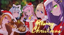  5girls absurdres ahoge alternate_costume amane_kanata animal_costume antlers bad_id bad_twitter_id bare_shoulders bell blonde_hair blue_hair blunt_bangs blush bow box bright_pupils candy candy_hair_ornament cheese_trail christmas closed_mouth collar colored_inner_hair dragon_girl dragon_horns dress earrings eating food food-themed_hair_ornament gift gift_box gradient_eyes green_eyes grey_hair hair_ornament hairclip halo hat heterochromia highres himemori_luna holding holding_food holding_pizza holoforce hololive horns jewelry kiryu_coco long_hair long_sleeves looking_at_viewer merry_christmas mini_hat mini_santa_hat multicolored_bow multicolored_eyes multicolored_hair multiple_girls neck_bell oerba_yun_fang one_eye_closed orange_hair pink_eyes pink_hair pizza pizza_slice pointing pointy_ears purple_eyes purple_hair red_dress red_eyes reindeer_antlers reindeer_costume santa_costume santa_hat skin_fang smile streaked_hair tokoyami_towa tsunomaki_watame turkey_(bird) turkey_(food) virtual_youtuber yo_na 