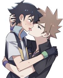  2boys black_gloves black_hair black_shirt blush brown_hair collared_shirt commentary_request fingerless_gloves from_side gary_oak gloves half-closed_eyes highres jacket jewelry kissing male_focus multiple_boys necklace pokemon pokemon_(anime) pokemon_dppt_(anime) purple_wristband satoshi_(pokemon) shirt short_hair short_sleeves spiked_hair sweatdrop t-shirt teeth tongue tongue_out tuze111 upper_body upper_teeth_only yaoi 