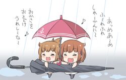  2girls brown_hair chibi closed_eyes commentary_request dress eighth_note folded_ponytail gale_kawaii hair_ornament hairclip ikazuchi_(kancolle) inazuma_(kancolle) kantai_collection multiple_girls musical_note oerba_yun_fang open_mouth rain sailor_dress skin_fang smile translation_request umbrella 