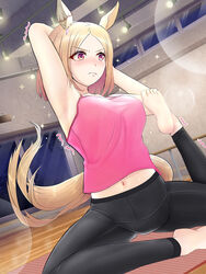  absurdres animal_ears armpits arms_behind_head arms_up barefoot black_pants blonde_hair blush breasts camisole closed_mouth commentary_request derivative_work dutch_angle ear_covers feet female forehead gym highres horse_ears horse_girl horse_tail indoors large_breasts lens_flare medium_hair midriff_peek mikazuki_ukie narita_top_road_(umamusume) navel on_floor pants pigeon_pose pink_camisole pink_eyes single_ear_cover smart_falcon_(just_in_time!?_uma&lt;3dol)_(umamusume) smart_falcon_(umamusume) soles solo sparkle tail toes trembling umamusume wiping_sweat yoga yoga_mat yoga_pants 