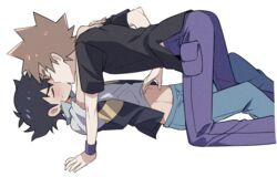  2boys all_fours black_hair black_shirt blush brown_hair closed_eyes clothes_lift commentary_request from_side gary_oak highres jacket kissing lifting_another&#039;s_clothes male_focus multiple_boys navel pants pokemon pokemon_(anime) pokemon_dppt_(anime) popped_collar purple_pants purple_wristband satoshi_(pokemon) shirt shirt_lift short_hair short_sleeves spiked_hair sweatdrop tuze111 white_background yaoi 