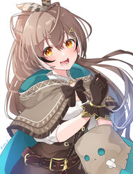  :d ahoge bag belt black_bow black_hair bow breasts brown_capelet brown_eyes brown_gloves brown_hair capelet cleavage cloak collar crossed_bandaids crossed_bangs feather_hair_ornament feathers female fingerless_gloves friend_(nanashi_mumei) gears gloves gold_trim hair_between_eyes hair_ornament hairclip hieroglyphics highres hololive hololive_english kgr leather_belt long_hair looking_at_viewer medium_breasts multicolored_hair nanashi_mumei nanashi_mumei_(1st_costume) open_mouth own_hands_clasped own_hands_together paper_bag ponytail puffy_sleeves shirt simple_background smile solo streaked_hair tareme teeth twitter_username underbust upper_body virtual_youtuber white_background white_hair white_shirt 