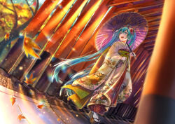  aqua_eyes aqua_hair hatsune_miku japanese_clothes kimono kyashii_(a3yu9mi) leaves long_hair torii twintails umbrella vocaloid 