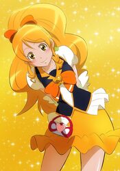  arms_behind_back blonde_hair bow bowtie brooch brown_eyes closed_mouth collarbone cowboy_shot cure_honey female fuchi_(nightmare) hairbow happinesscharge_precure! heart heart_brooch high_ponytail jewelry leaning_to_the_side long_hair looking_at_viewer miniskirt oomori_yuuko orange_bow orange_bowtie precure short_sleeves skirt smile solo standing very_long_hair yellow_background yellow_skirt 