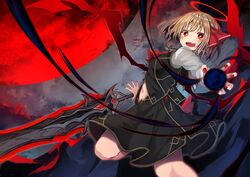  black_dress black_vest blonde_hair bright_pupils commentary dress ex-rumia female hair_ribbon halo highres holding holding_sword holding_weapon long_sleeves looking_at_viewer mamemochi navel open_mouth red_eyes red_halo red_nails red_ribbon ribbon rumia sharp_teeth shirt short_hair solo sword teeth touhou vest weapon white_pupils white_shirt 