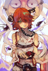  a.b.a bags_under_eyes bandages bare_shoulders belt blood blood_stain chains female frown green_eyes grey_lips guilty_gear guilty_gear_xx hair_over_one_eye head_tilt highres key key_in_head keyhole levvellevvel object_through_head orange_hair paracelsus_(guilty_gear) upper_body 