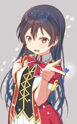  :d black_hair black_vest blush bokura_no_live_kimi_to_no_life bow bowtie brown_eyes buttons collared_shirt commentary_request cowboy_shot cross-laced_clothes female finger_gun grey_background hair_between_eyes hands_up heart jacket light_particles long_hair looking_at_viewer love_live! love_live!_school_idol_project open_clothes open_jacket open_mouth pleated_skirt red_bow red_bowtie red_jacket shirt short_sleeves simple_background skirt skull573 smile solo sonoda_umi sparkle standing star_(symbol) triangle very_long_hair vest white_skirt 