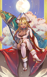  :d blonde_hair breasts brown_eyes cleavage crossed_legs dark-skinned_female dark_skin draph elbow_gloves female gloves granblue_fantasy horns kumbhira_(granblue_fantasy) long_hair looking_at_viewer moon napoli-tan_(deuil) night night_sky open_mouth outdoors pointy_ears sitting sky smile solo thighhighs white_gloves white_thighhighs wide_sleeves 