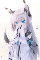  absurdres animal_ears azur_lane black_sailor_collar black_serafuku blue_eyes blue_neckerchief female fox_ears fox_girl fox_tail grey_hair hair_between_eyes highres kawakaze_(azur_lane) long_hair long_sleeves looking_at_viewer neckerchief ribbon-trimmed_clothes ribbon-trimmed_sleeves ribbon_trim sailor_collar school_uniform serafuku simple_background sleeves_past_wrists solo tail very_long_hair white_background white_hair wide_sleeves yukishiro_haku 